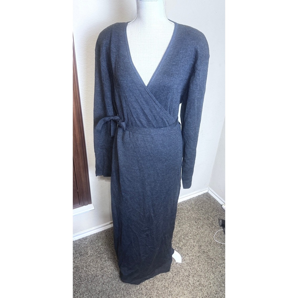 Marconi Vintage Sweater Wrap Dress XL Charcoal Gray Wool Blend Maxi Long Sleeve
